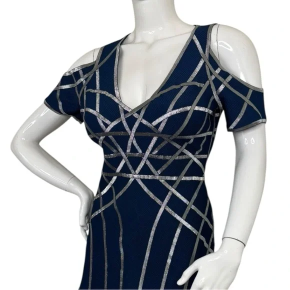 HERVE LEGER VERONIKKA CAGED STRAPPY SEXY RARE COLD-SHOULDER FLUTE DRESS Sz L - Picture 15 of 17